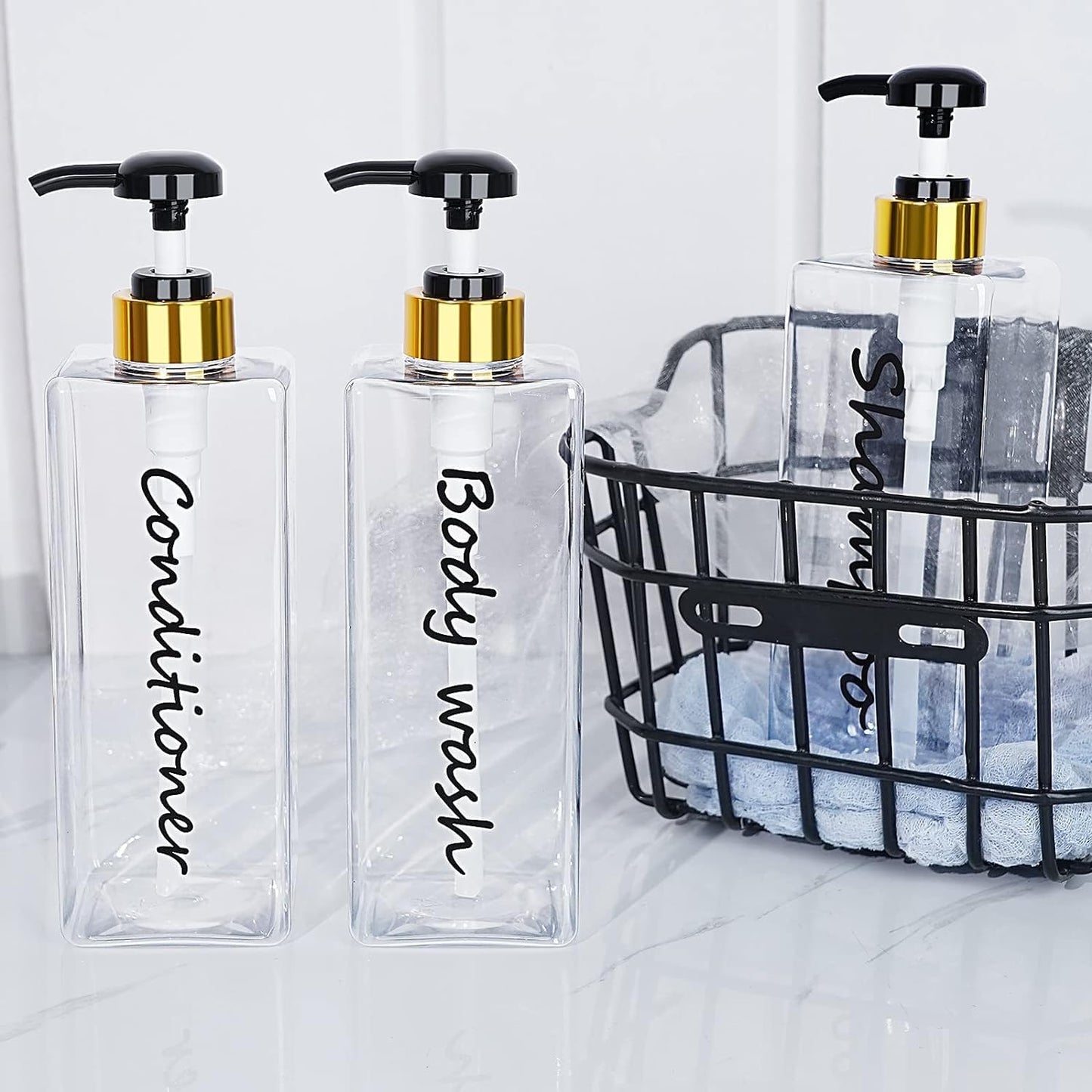 21oz Shampoo Dispenser - Refillable Shampoo and Conditioner Bottles (Clear, Set of 3) - Modern Shampoo Bottles for Shower Soap - Empty Shampoo Conditioner Body Wash Dispenser Set - for Hotel Bathroom