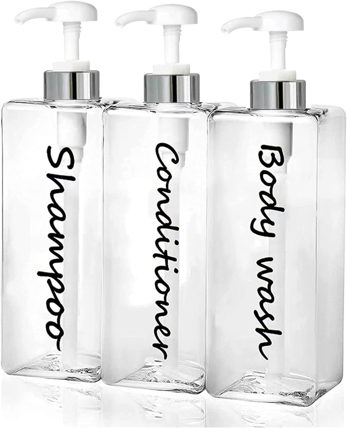 21oz Shampoo Dispenser - Refillable Shampoo and Conditioner Bottles (Clear, Set of 3) - Modern Shampoo Bottles for Shower Soap - Empty Shampoo Conditioner Body Wash Dispenser Set - for Hotel Bathroom
