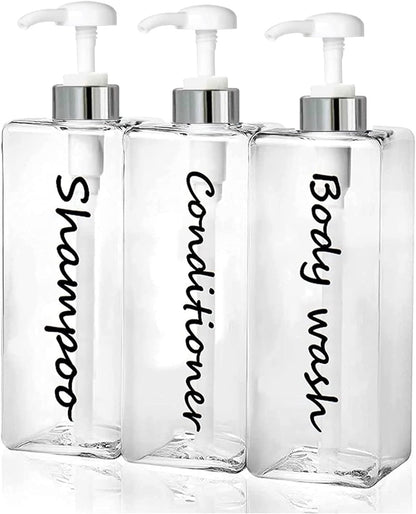 21oz Shampoo Dispenser - Refillable Shampoo and Conditioner Bottles (Clear, Set of 3) - Modern Shampoo Bottles for Shower Soap - Empty Shampoo Conditioner Body Wash Dispenser Set - for Hotel Bathroom