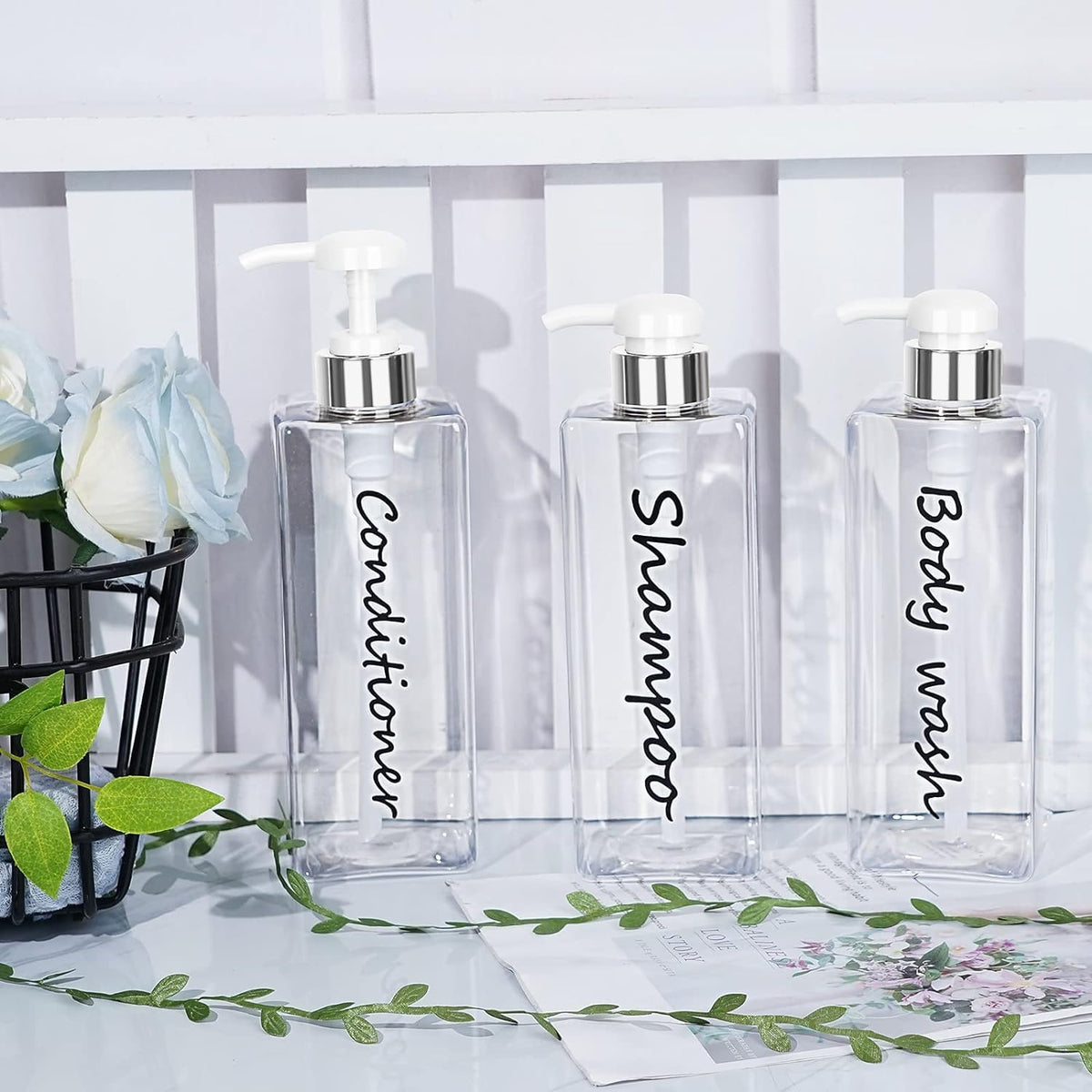 21oz Shampoo Dispenser - Refillable Shampoo and Conditioner Bottles (Clear, Set of 3) - Modern Shampoo Bottles for Shower Soap - Empty Shampoo Conditioner Body Wash Dispenser Set - for Hotel Bathroom