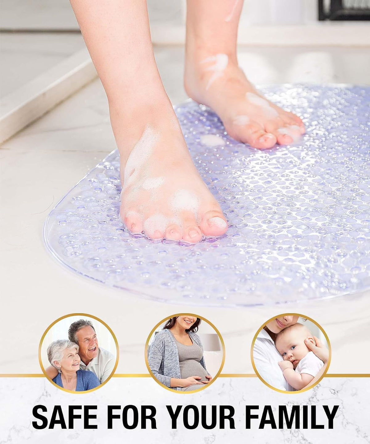 Bathtub Mat Non Slip, 27x15 Inch Bubble Oval Bath Tub Mat for Bathroom, Machine Washable Shower Mat with Suction Cups and Drain Holes, Clear