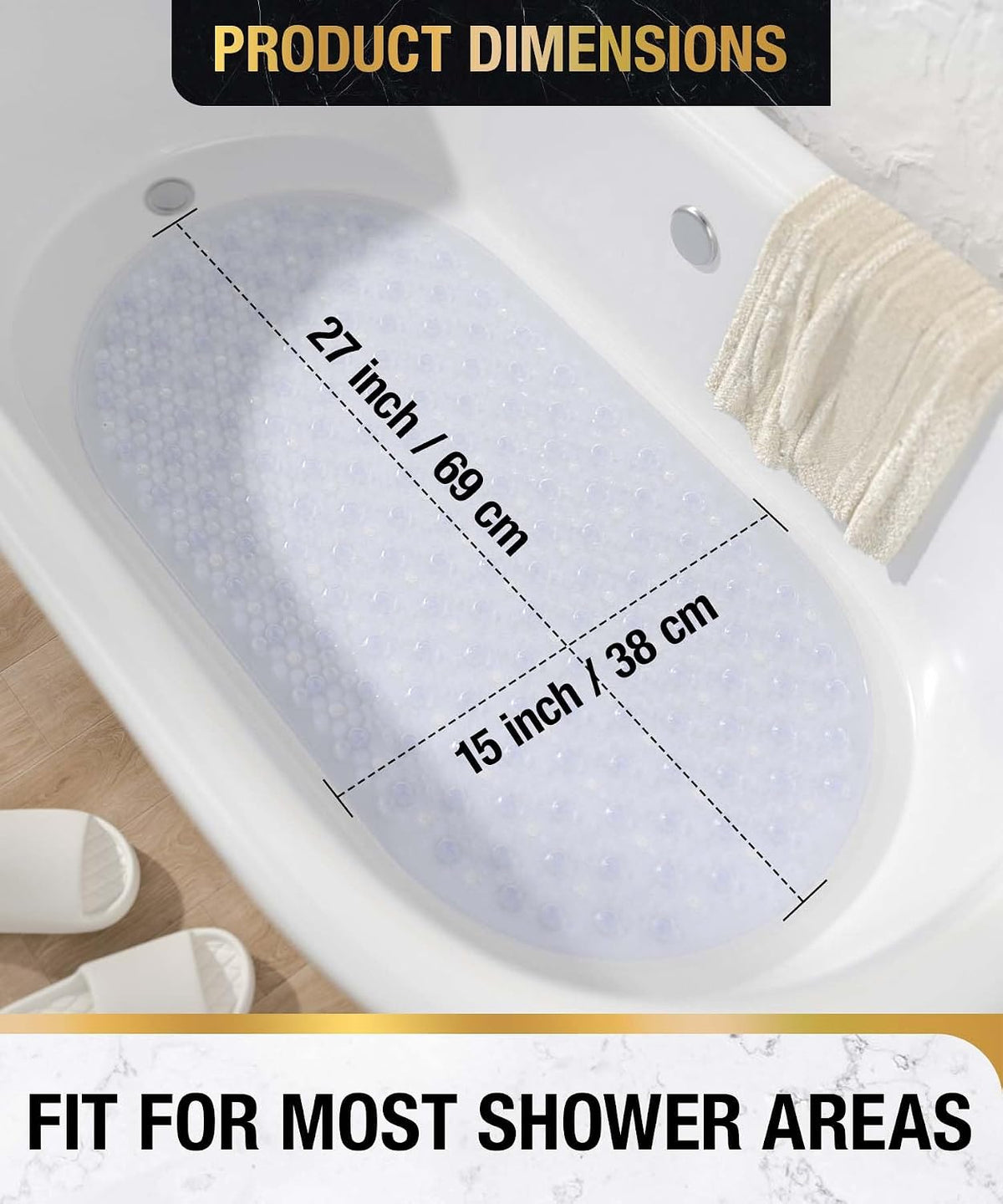 Bathtub Mat Non Slip, 27x15 Inch Bubble Oval Bath Tub Mat for Bathroom, Machine Washable Shower Mat with Suction Cups and Drain Holes, Clear
