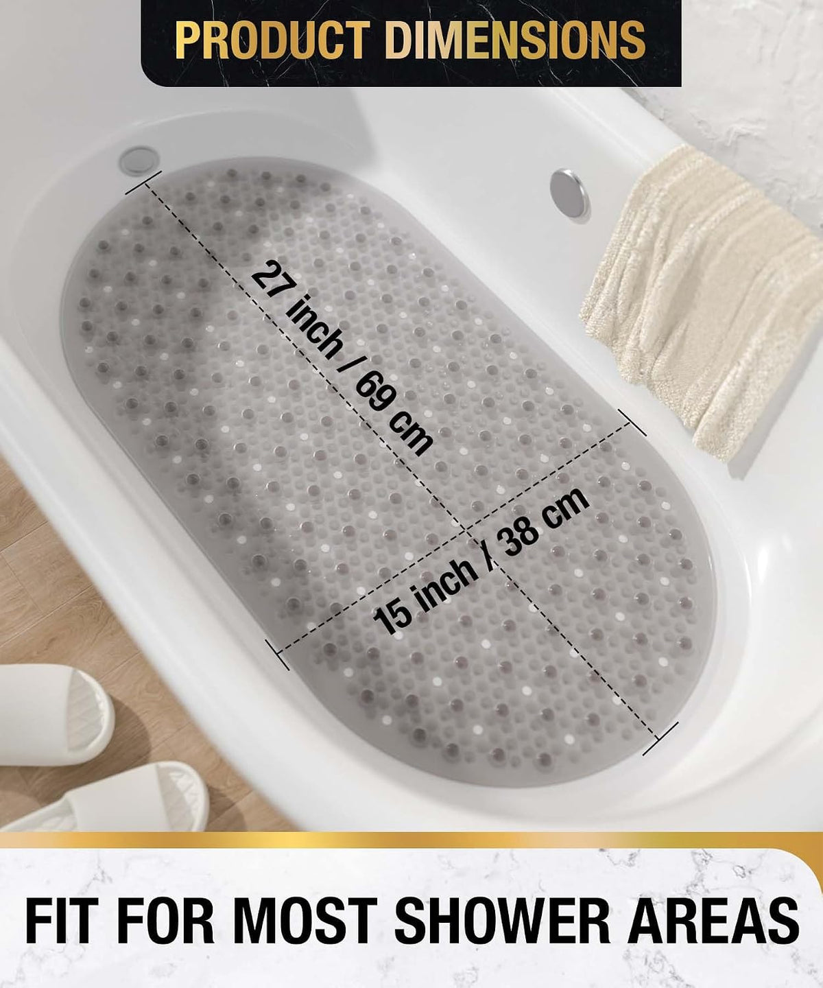 Bathtub Mat Non Slip, 27x15 Inch Bubble Oval Bath Tub Mat for Bathroom, Machine Washable Shower Mat with Suction Cups and Drain Holes, Clear