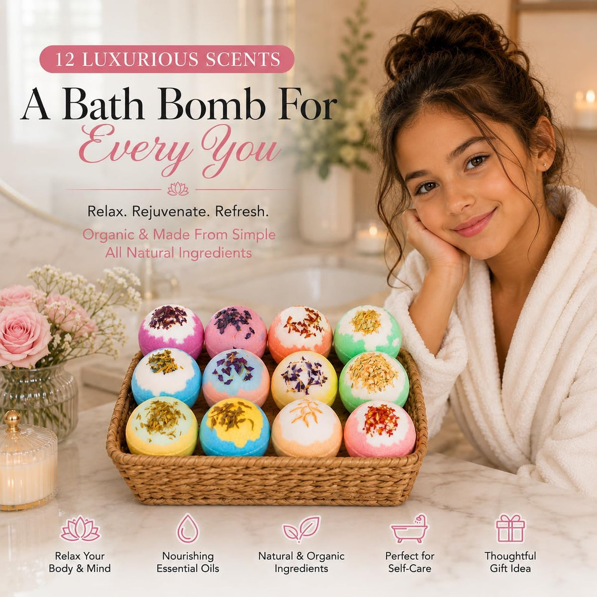 Refresh Bath Bombs for Women & Kids – 24 Bath Bombs Mini Sized, Organic Bathbomb Set, Women & Kids Bath Fizz, Luxury Gift for Mother’s Day, Easter, Valentines, Birthday or Self Care