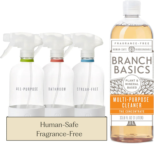 Cleaning Essentials Kit: All Purpose, Glass, Bathroom Cleaner | Plant-Based, Human-Safe, Fragrance-Free. Comes with Concentrate (33.8 oz) + Refillable Plastic Bottles (24 oz). 17 Refills