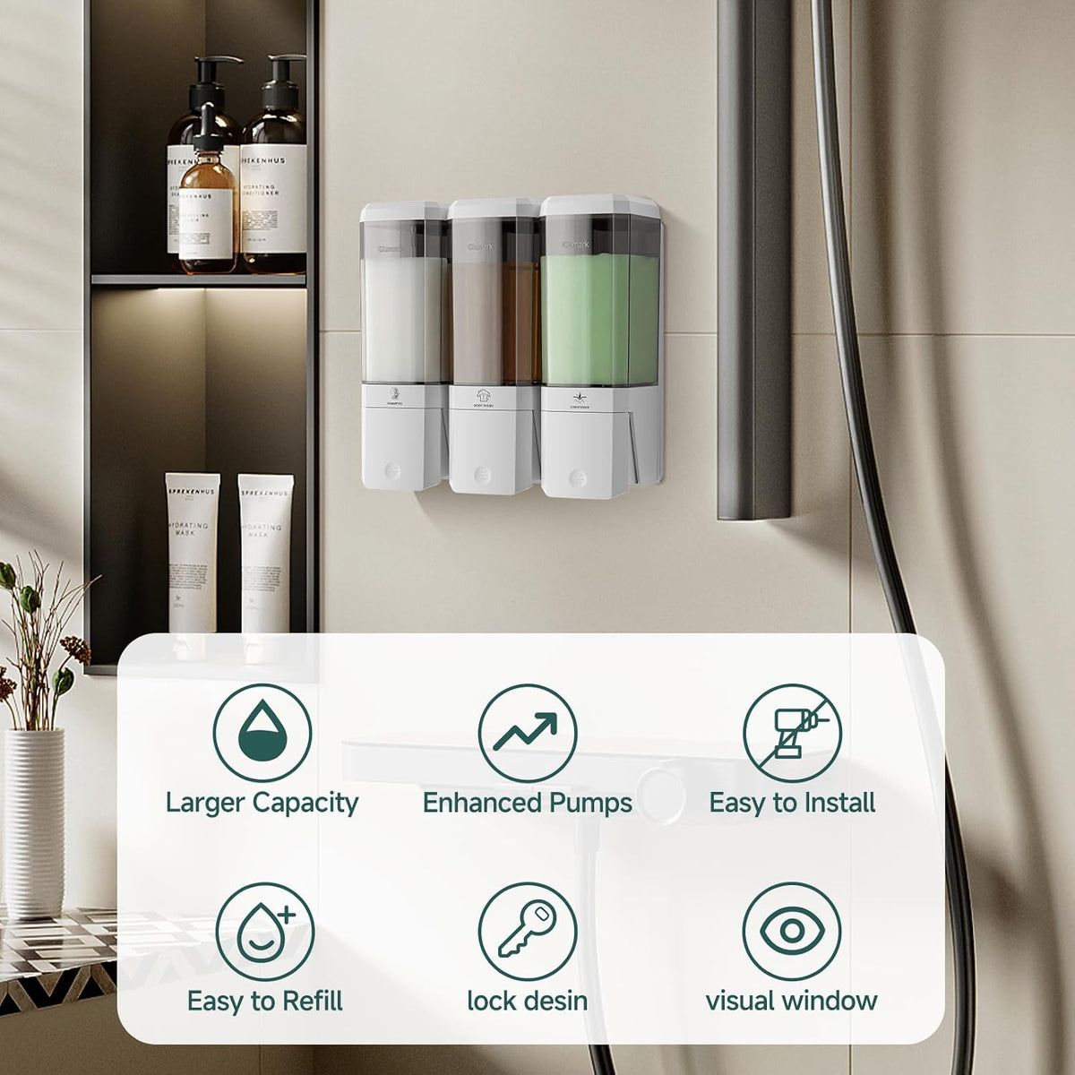 Shampoo and Conditioner Dispenser 3 Chamber No Drill Shampoo Dispenser for Shower Wall Mounted Shower Soap Dispenser 3 * 500ml Refillable Shower Dispenser for Bathroom Hotel(Black 3 Chamber)