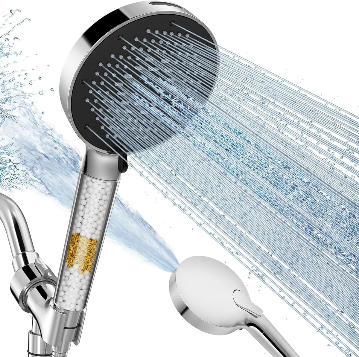 Filtered High Pressure 9-mode Handheld Shower Head-Anti-clog Nozzles, Built-in Power Wash to Clean Tub, Tile, Pets, Stainless Steel Hose, Wall, Adjustable Brackets(1 Filter, Chrome Silver)