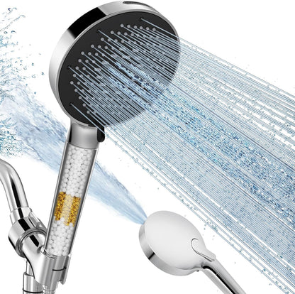 Filtered High Pressure 9-mode Handheld Shower Head-Anti-clog Nozzles, Built-in Power Wash to Clean Tub, Tile, Pets, Stainless Steel Hose, Wall, Adjustable Brackets(1 Filter, Chrome Silver)