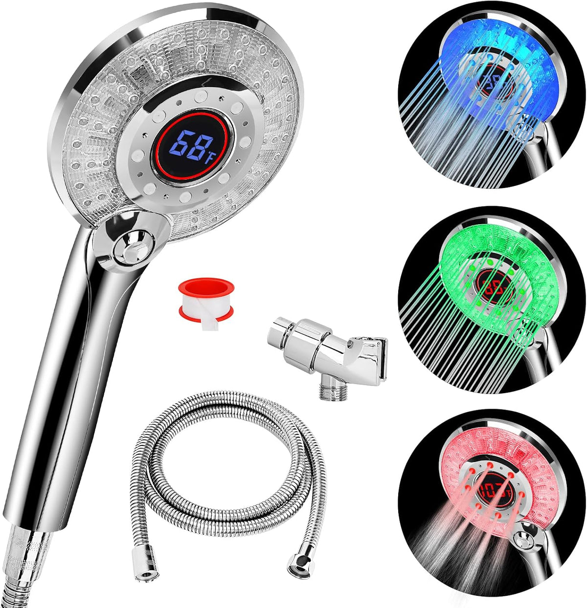 LED Shower Head Color Changing, Shower Head High Pressure with Hose | Water Saving Spray Showerheads, Discoloration Warning, Water Temperature Display, 3 Spray Modes, Easy to Install, ‎Chrome