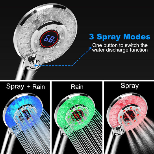 LED Shower Head Color Changing, Shower Head High Pressure with Hose | Water Saving Spray Showerheads, Discoloration Warning, Water Temperature Display, 3 Spray Modes, Easy to Install, ‎Chrome
