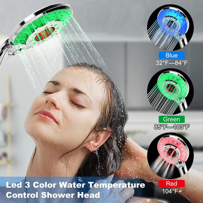 LED Shower Head Color Changing, Shower Head High Pressure with Hose | Water Saving Spray Showerheads, Discoloration Warning, Water Temperature Display, 3 Spray Modes, Easy to Install, ‎Chrome