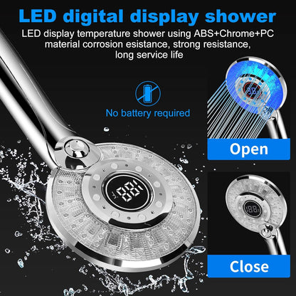LED Shower Head Color Changing, Shower Head High Pressure with Hose | Water Saving Spray Showerheads, Discoloration Warning, Water Temperature Display, 3 Spray Modes, Easy to Install, ‎Chrome