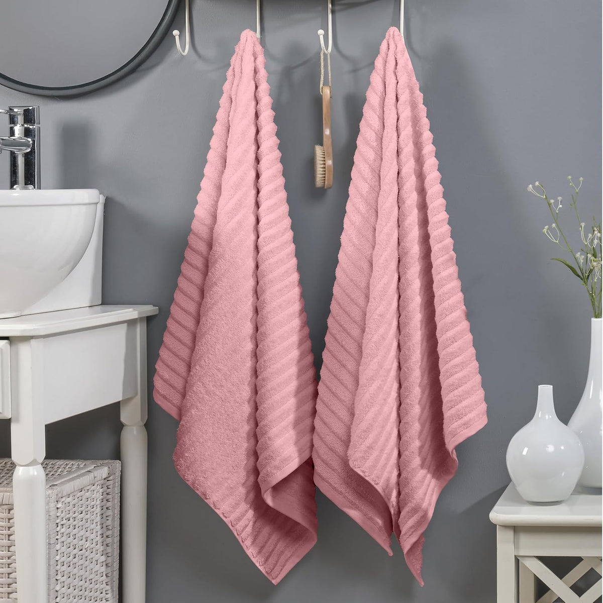 100% Turkish Cotton Corduroy Ribbed Luxury Bath Towels 6-Piece Set, Premium Feel - Quick Dry, Highly Absorbent, Contains 2 Bath Towels, 2 Hand Towels, and 2 Washcloths, Dusty Rose