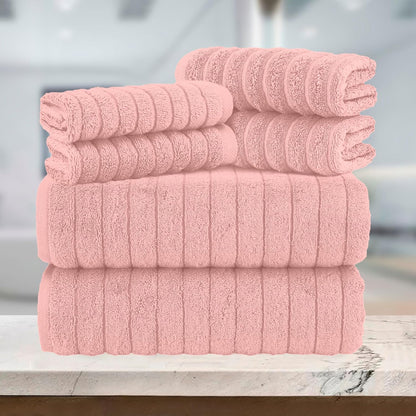 100% Turkish Cotton Corduroy Ribbed Luxury Bath Towels 6-Piece Set, Premium Feel - Quick Dry, Highly Absorbent, Contains 2 Bath Towels, 2 Hand Towels, and 2 Washcloths, Dusty Rose