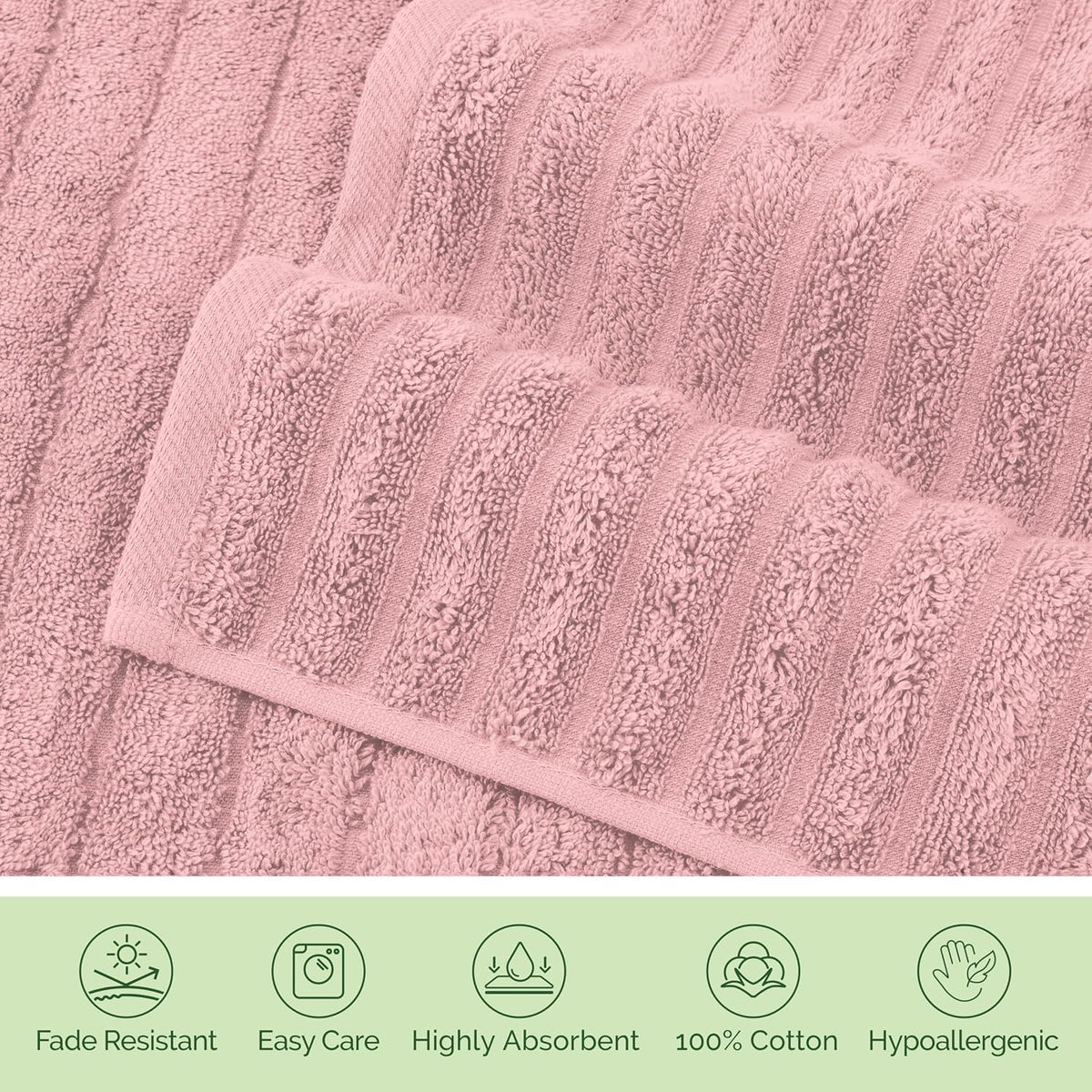 100% Turkish Cotton Corduroy Ribbed Luxury Bath Towels 6-Piece Set, Premium Feel - Quick Dry, Highly Absorbent, Contains 2 Bath Towels, 2 Hand Towels, and 2 Washcloths, Dusty Rose