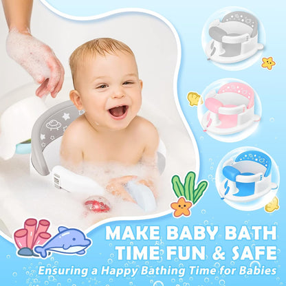 Baby Bath Seat 6M+, Non-Slip Cushion, 5-Pc Set for New Parents, Gray | CPSC Certified, BPA-free PP+TPR, easy-release handle, ergonomic backrest, compact travel, 5-pc w/ toys & cup, non-slip, gray