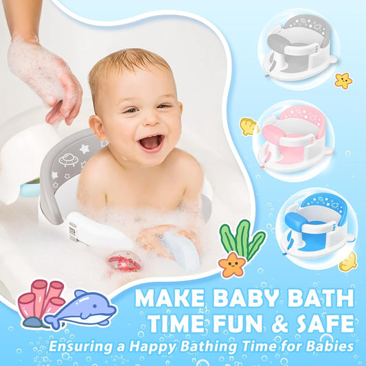 Baby Bath Seat 6M+, Non-Slip Cushion, 5-Pc Set for New Parents, Gray | CPSC Certified, BPA-free PP+TPR, easy-release handle, ergonomic backrest, compact travel, 5-pc w/ toys & cup, non-slip, gray
