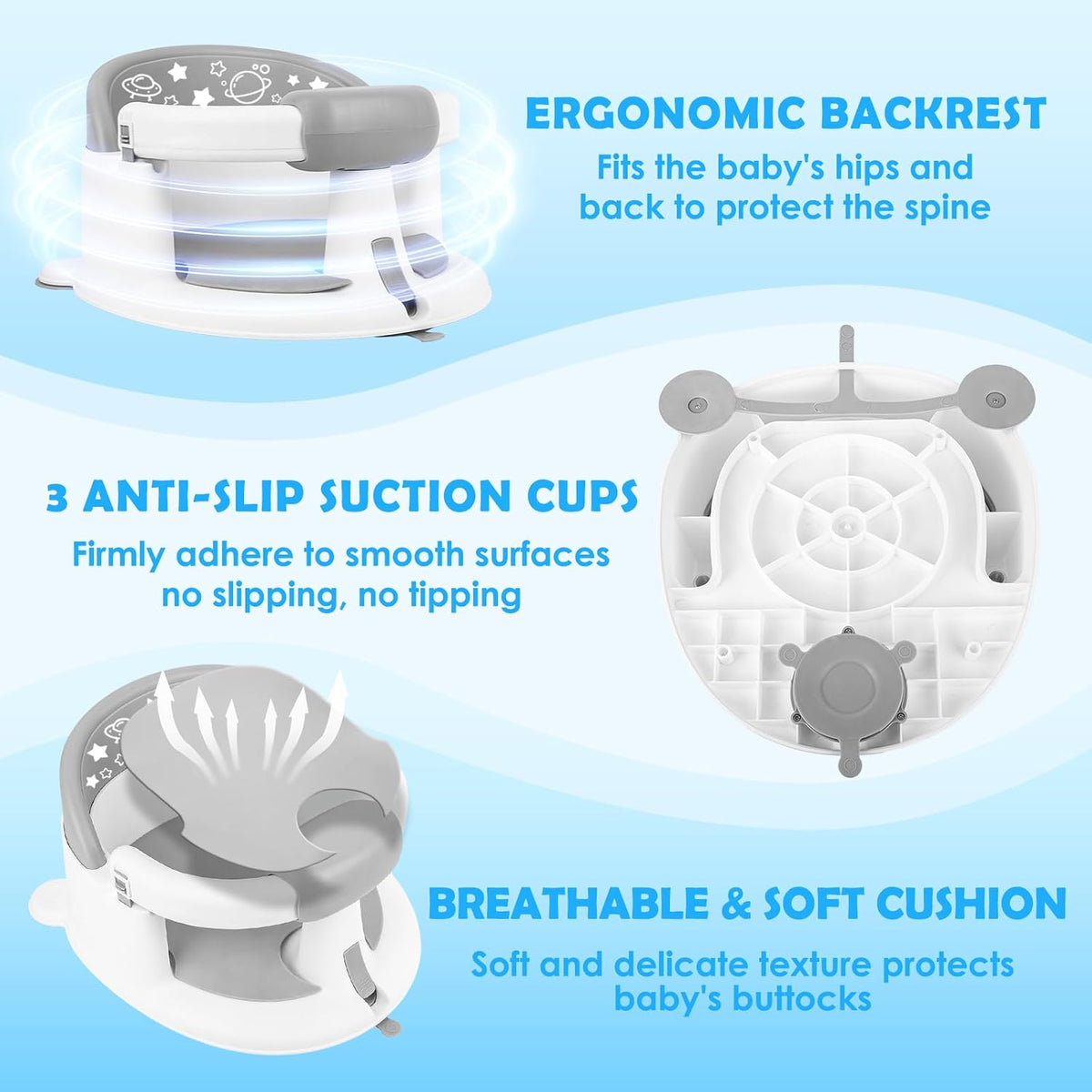 Baby Bath Seat 6M+, Non-Slip Cushion, 5-Pc Set for New Parents, Gray | CPSC Certified, BPA-free PP+TPR, easy-release handle, ergonomic backrest, compact travel, 5-pc w/ toys & cup, non-slip, gray