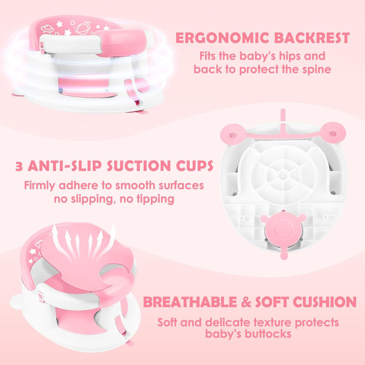 Baby Bath Seat 6M+, Non-Slip Cushion, 5-Pc Set for New Parents, Gray | CPSC Certified, BPA-free PP+TPR, easy-release handle, ergonomic backrest, compact travel, 5-pc w/ toys & cup, non-slip, gray