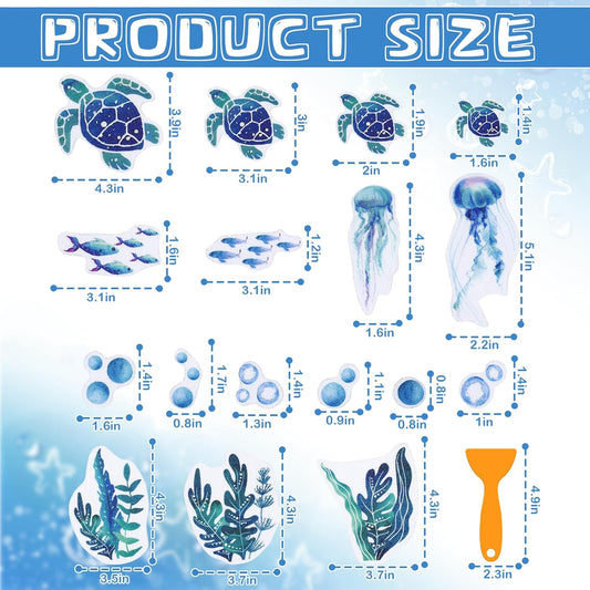 24 Pcs Turtle Non Slip Bathtub Sticker with Scraper Gradient Blue Anti Slip Shower Tread Adhesive Ocean Animal Shower Decal for Bathroom Floor Decoration