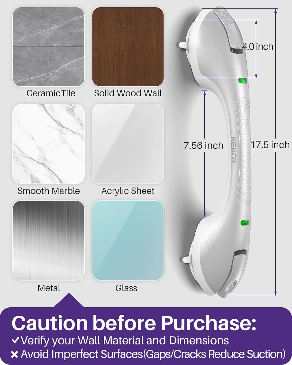 Shower Grab Bars, 17.5in Safety Indicators, Stronger Suction
