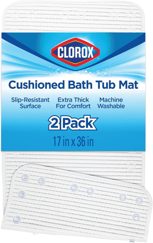 Duck Brand Cushioned Shower Mat, Non Slip Bathtub Mat with Suction Cups, 17 Inches x 36 Inches, White, 2 Pack