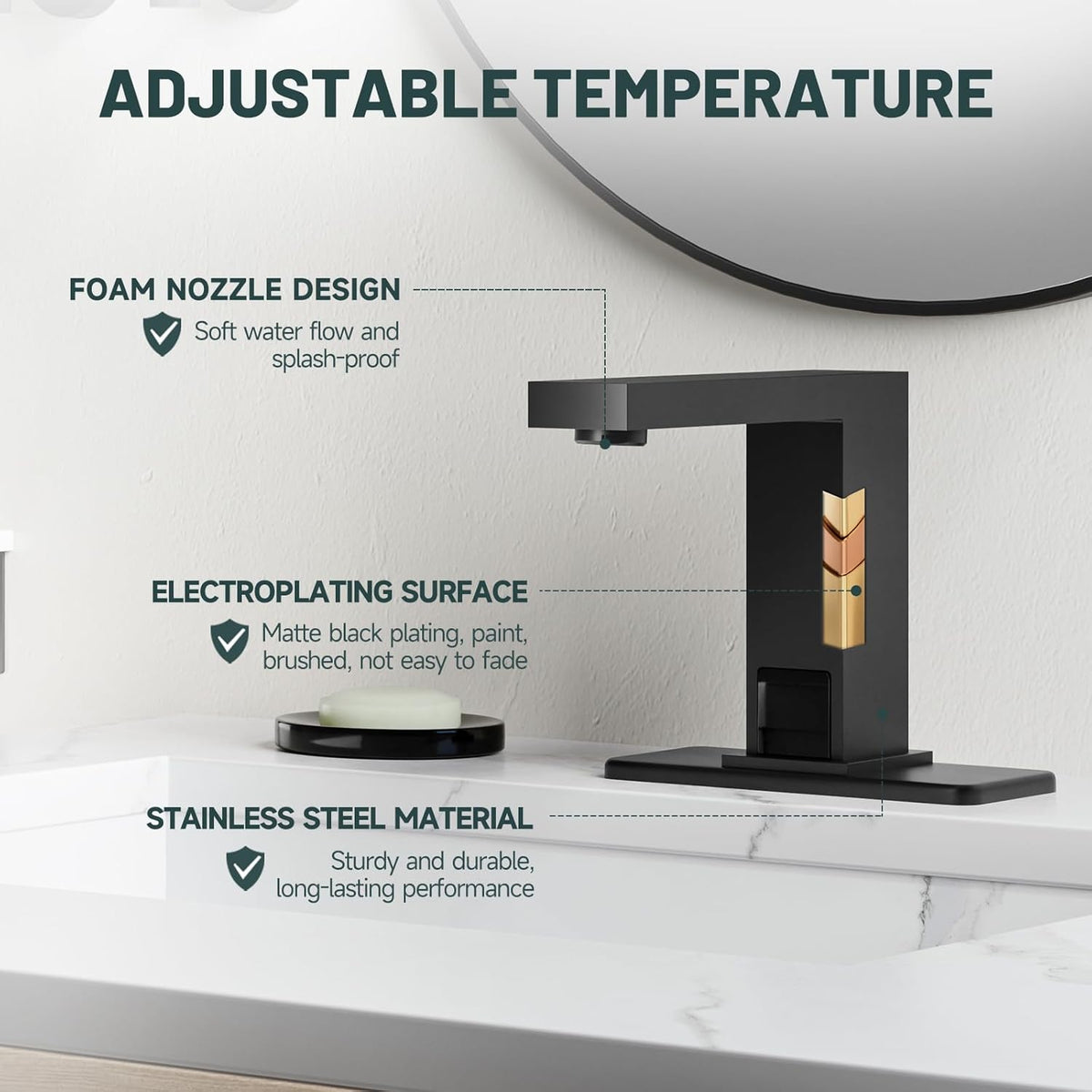 Touchless Bathroom Faucet, Sensor Faucets, Brushed Nickel | Automatic Bathroom Sink Faucet, Motion Commercial Hands Free, Battery or Plug-in Powered, Control Box and Temperature Mixer
