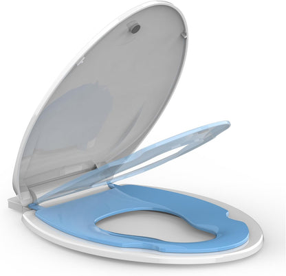Elongated Toilet Seat with Built In Potty Training Seat, 19 Inch White Family Toilet Seat, Slow Close Plastic Toilet Cover for Adults and Toddlers, Easy Clean Seat