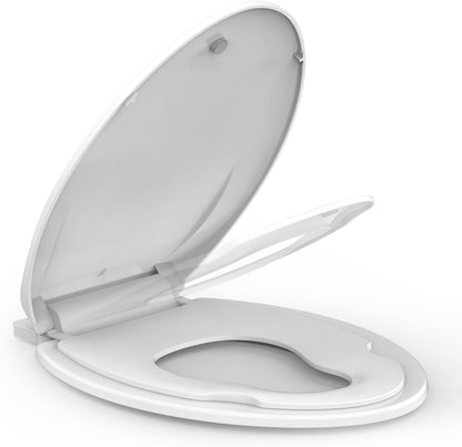 Elongated Toilet Seat with Built In Potty Training Seat, 19 Inch White Family Toilet Seat, Slow Close Plastic Toilet Cover for Adults and Toddlers, Easy Clean Seat