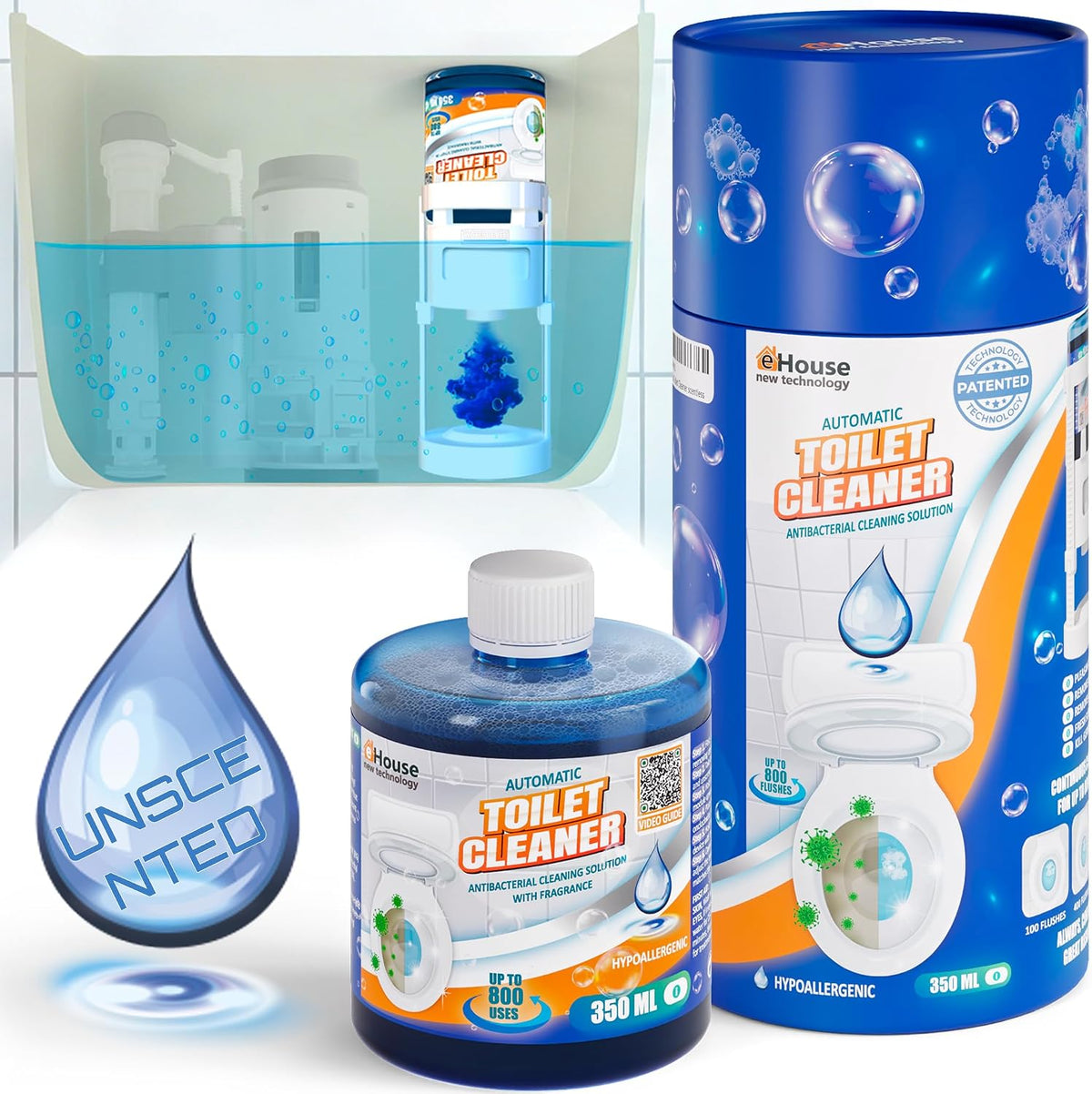 Automatic Toilet Bowl Cleaner with Refill — Antibacterial Flush-Activated Cleaning System, Toilet Cleaners for Hard Water, Helps Remove Rust & Limescale, Long-Lasting Performance & Unscented Formula