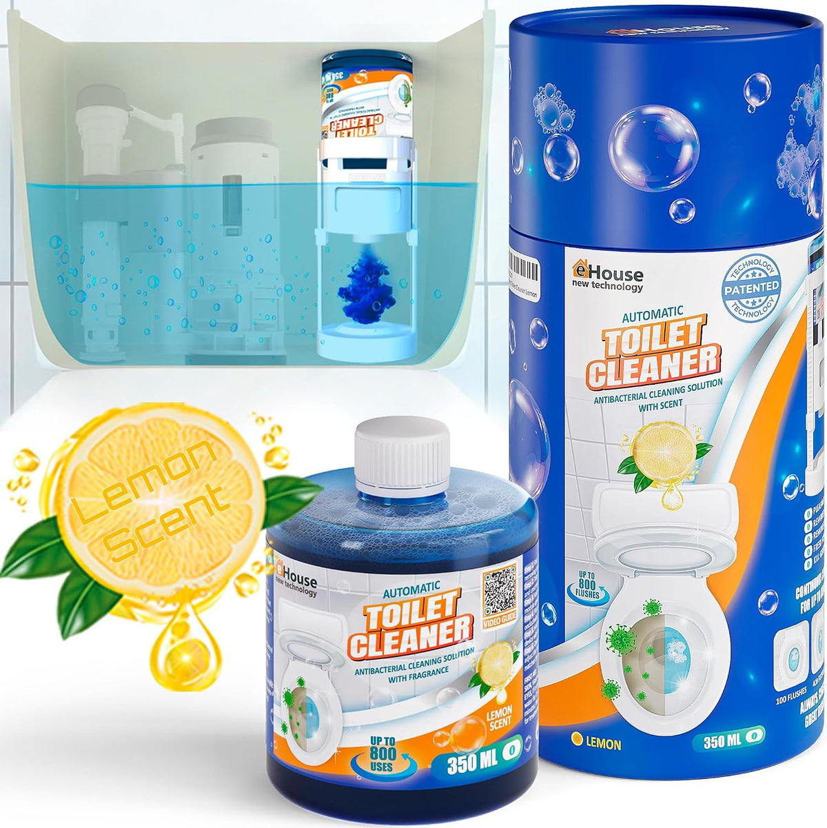 Automatic Toilet Bowl Cleaner with Refill — Antibacterial Flush-Activated Cleaning System, Toilet Cleaners for Hard Water, Helps Remove Rust & Limescale, Long-Lasting Performance & Unscented Formula