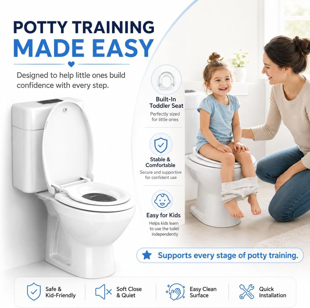 Round Toilet Seat with Built-In Toddler Seat, White