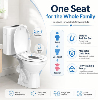 Round Toilet Seat with Built-In Toddler Seat, White