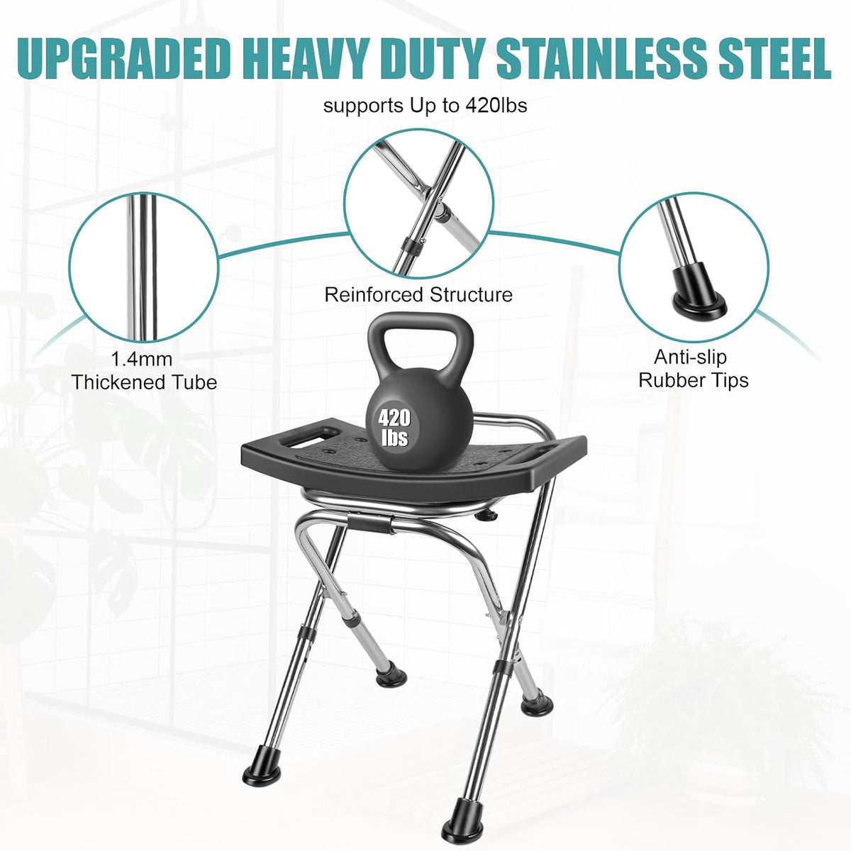 Folding Shower Chair Seat,Height Adjustable Shower Chair Seat,Stainless Eligible Shower Chair for Inside Shower,400lbs Portable Travel Shower Stool,Safety Anti-Slip Bath Chair for Seniors(Black)