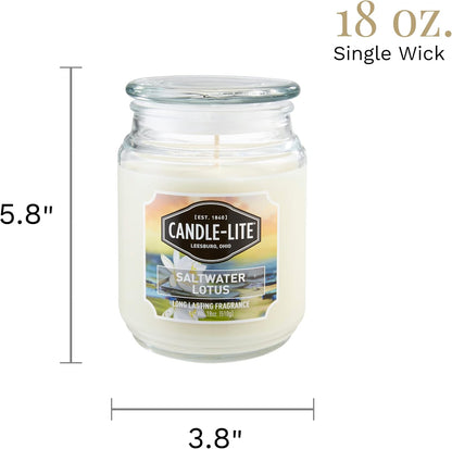 Candle-lite Scented Candles, Saltwater Lotus Fragrance, One 18 oz. Single-Wick Aromatherapy Candle with 110 Hours of Burn Time, White Color