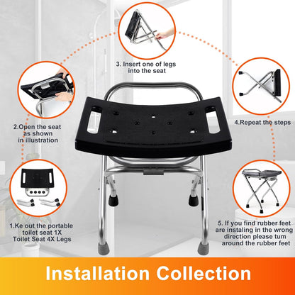 Folding Shower Seat, Stainless Eligible Shower Chair for Inside Shower, 400lbs Portable Travel Shower Stool, Safety Anti-Slip Bath Chair for Seniors, Disabled(Black)