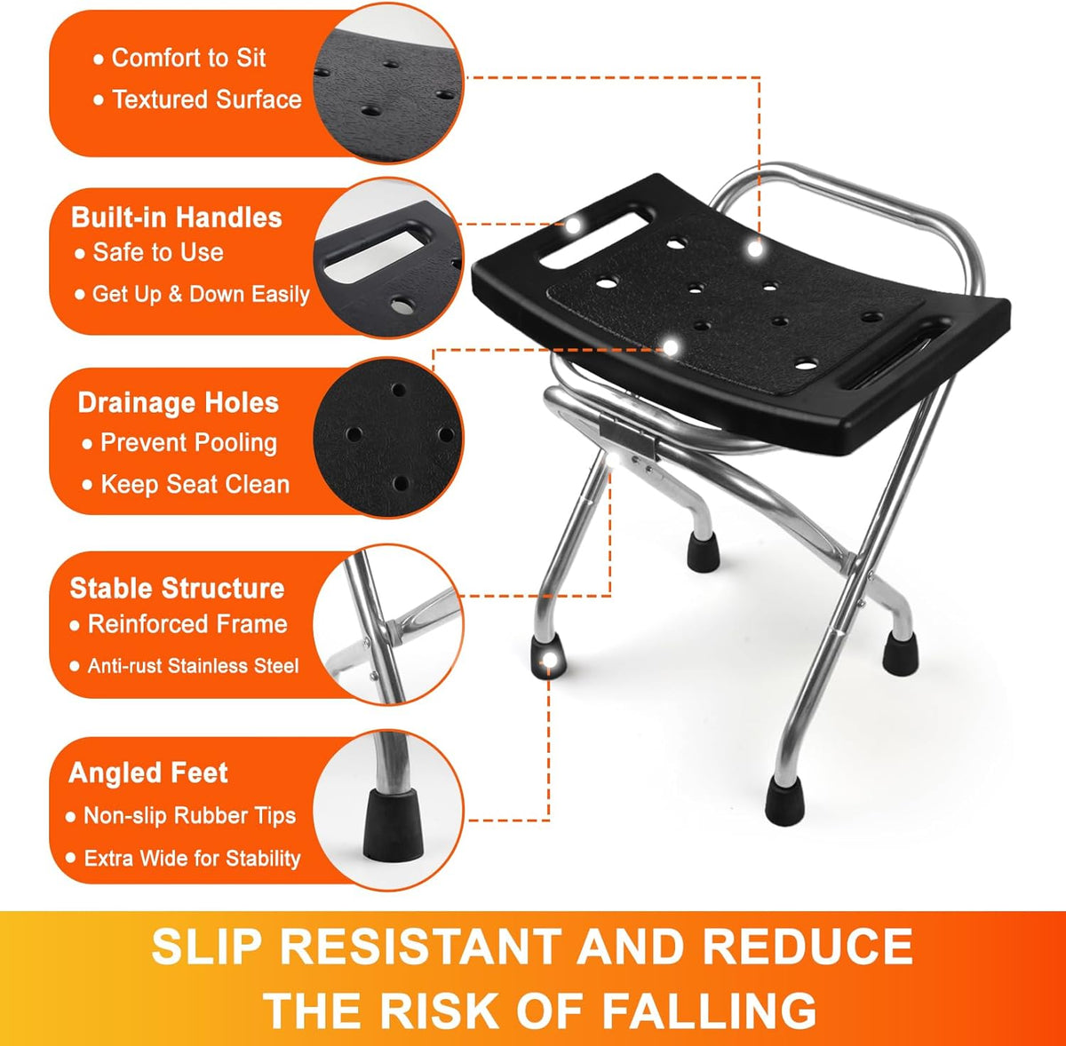 Folding Shower Seat, Stainless Eligible Shower Chair for Inside Shower, 400lbs Portable Travel Shower Stool, Safety Anti-Slip Bath Chair for Seniors, Disabled(Black)
