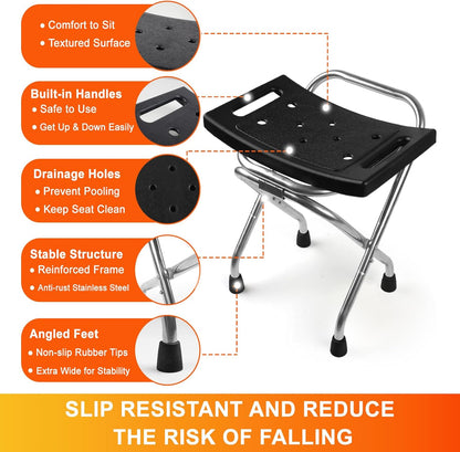 Folding Shower Seat, Stainless Eligible Shower Chair for Inside Shower, 400lbs Portable Travel Shower Stool, Safety Anti-Slip Bath Chair for Seniors, Disabled(Black)