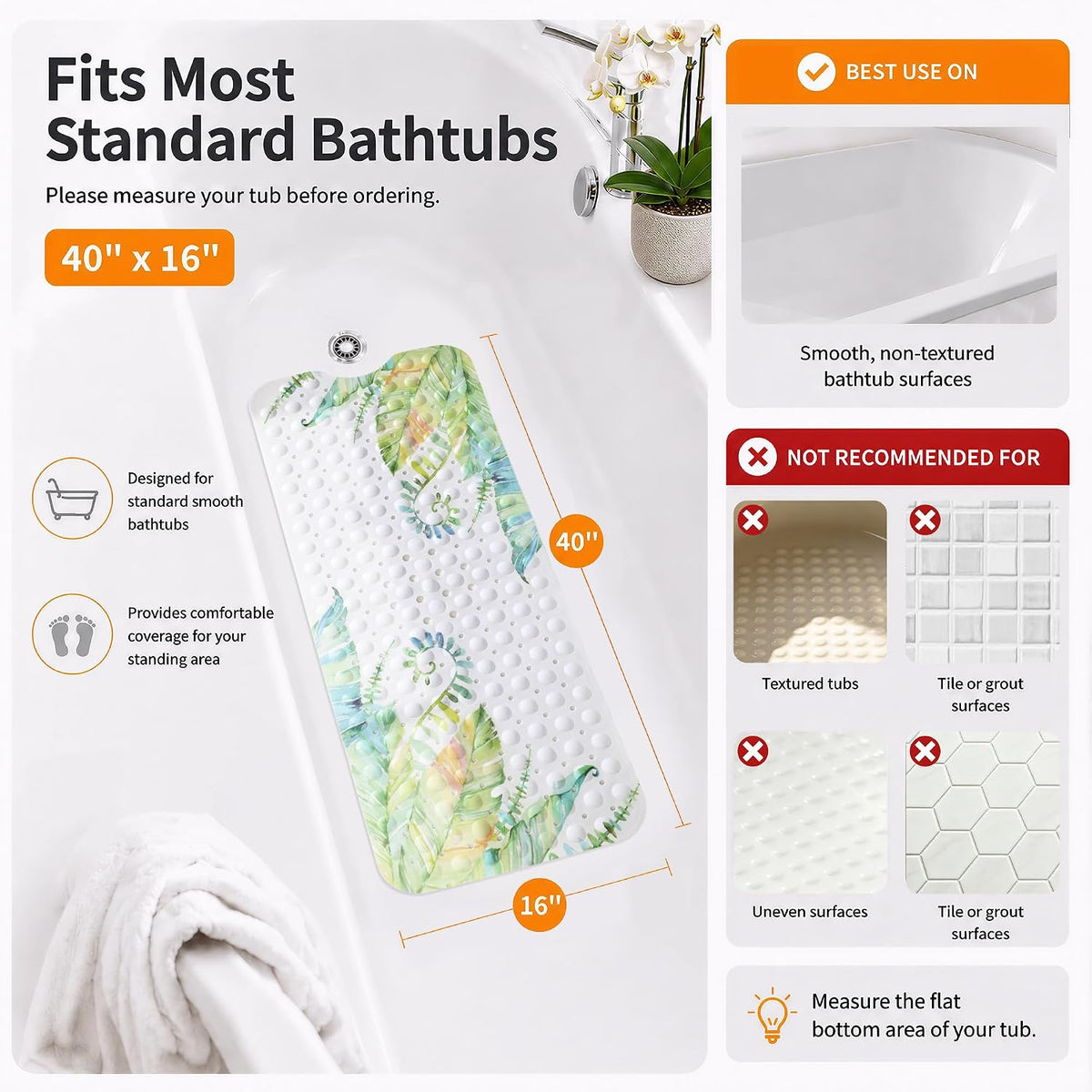 Non Slip Bathtub Mat 40x16, Extra Long Bath Mat for Tub, Clear Grey
