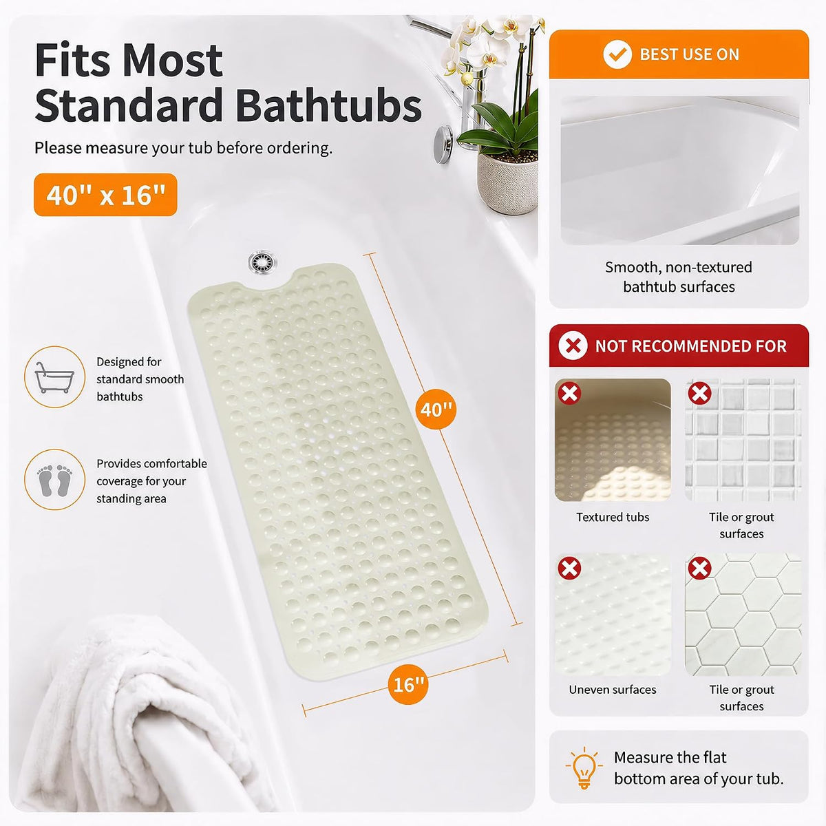 Non Slip Bathtub Mat 40x16, Extra Long Bath Mat for Tub, Clear Grey
