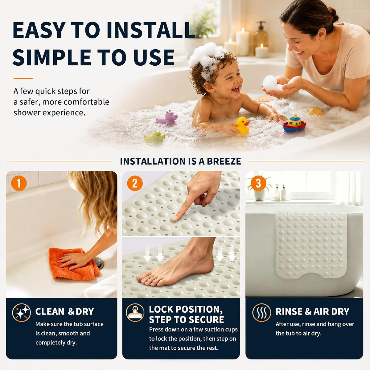 Non Slip Bathtub Mat 40x16, Extra Long Bath Mat for Tub, Clear Grey