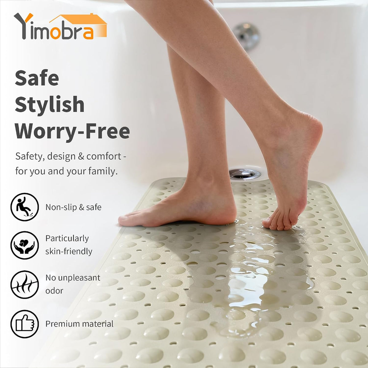 Non Slip Bathtub Mat 40x16, Extra Long Bath Mat for Tub, Clear Grey