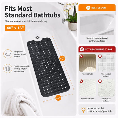Non Slip Bathtub Mat 40x16, Extra Long Bath Mat for Tub, Clear Grey