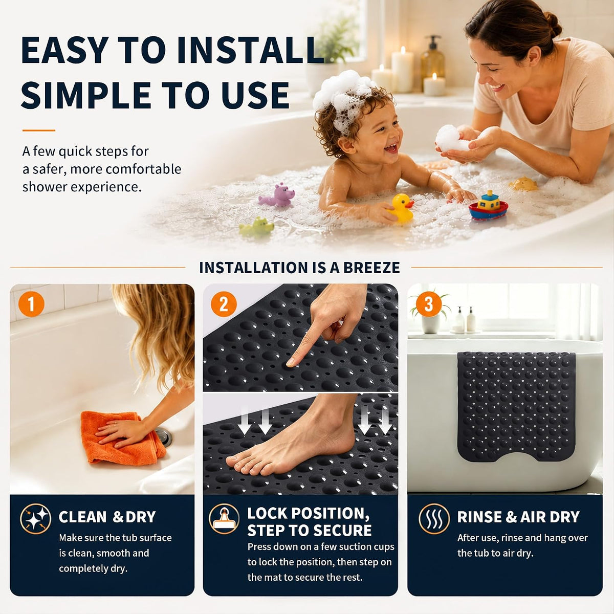 Non Slip Bathtub Mat 40x16, Extra Long Bath Mat for Tub, Clear Grey