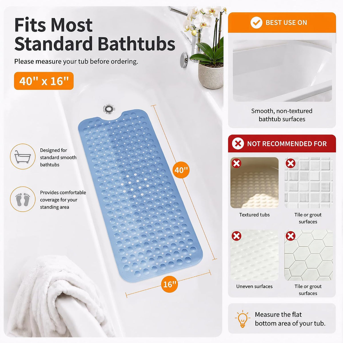 Non Slip Bathtub Mat 40x16, Extra Long Bath Mat for Tub, Clear Grey