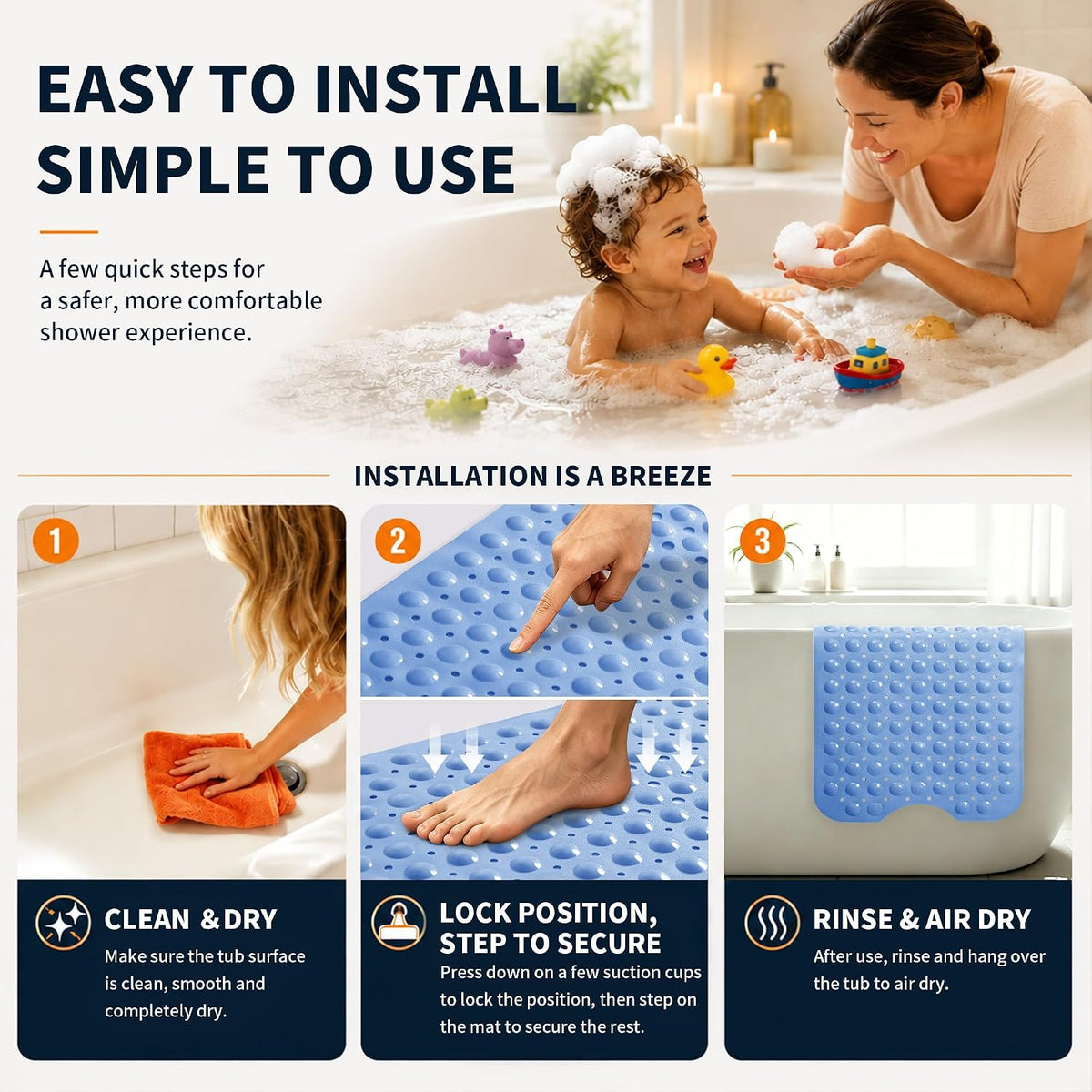 Non Slip Bathtub Mat 40x16, Extra Long Bath Mat for Tub, Clear Grey