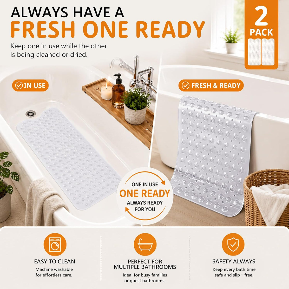 Non Slip Bathtub Mat 40x16, Extra Long Bath Mat for Tub, Clear Grey
