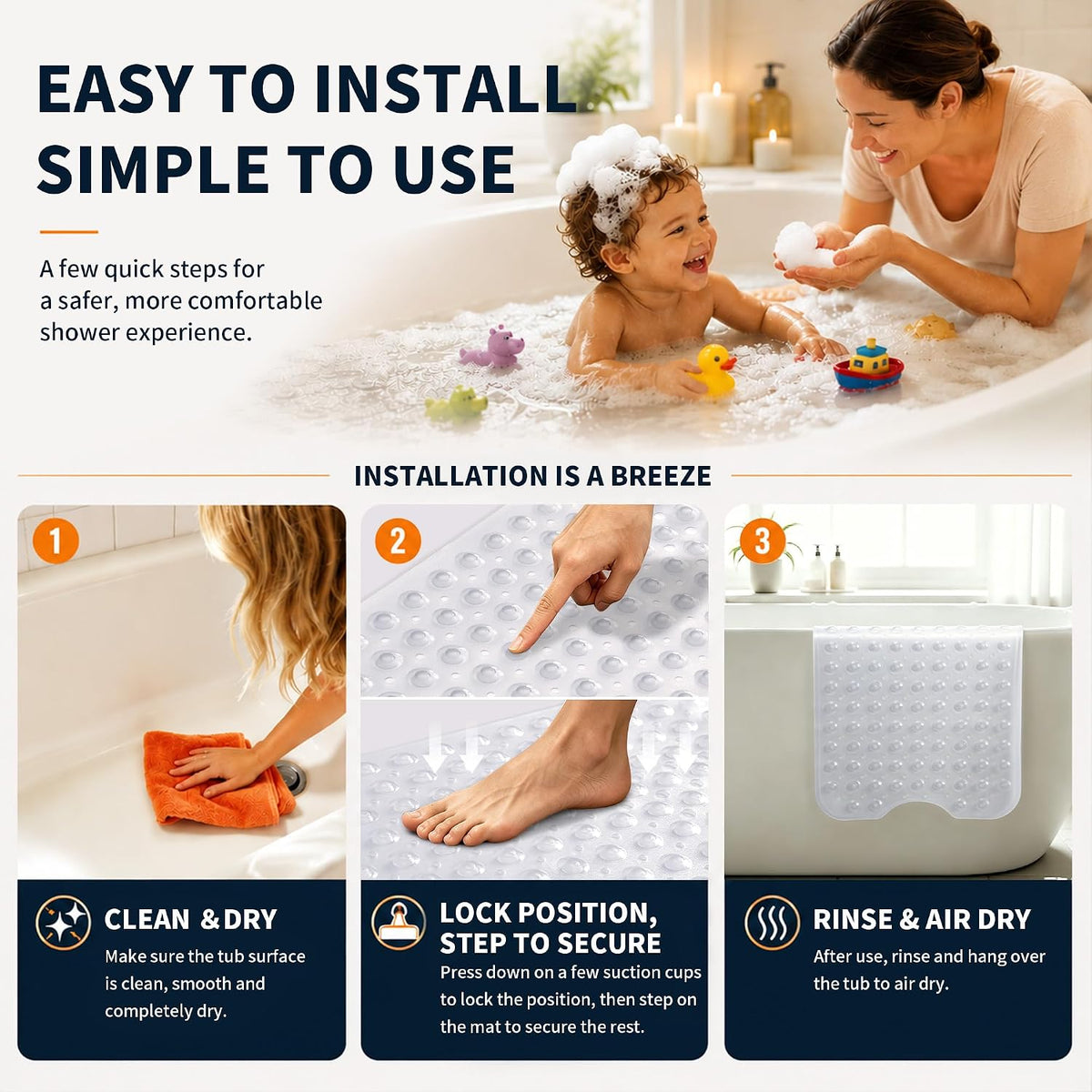 Non Slip Bathtub Mat 40x16, Extra Long Bath Mat for Tub, Clear Grey