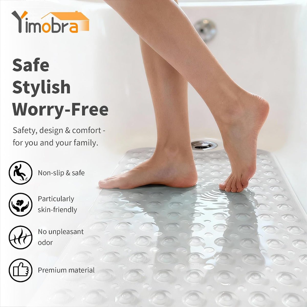Non Slip Bathtub Mat 40x16, Extra Long Bath Mat for Tub, Clear Grey