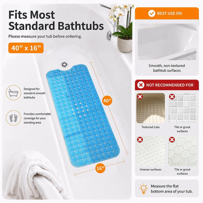 Non Slip Bathtub Mat 40x16, Extra Long Bath Mat for Tub, Clear Grey